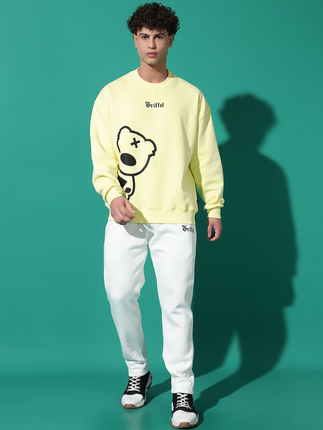 

GRIFFEL Men Graphic Printed Hooded Sweatshirt with Track Pants, Yellow