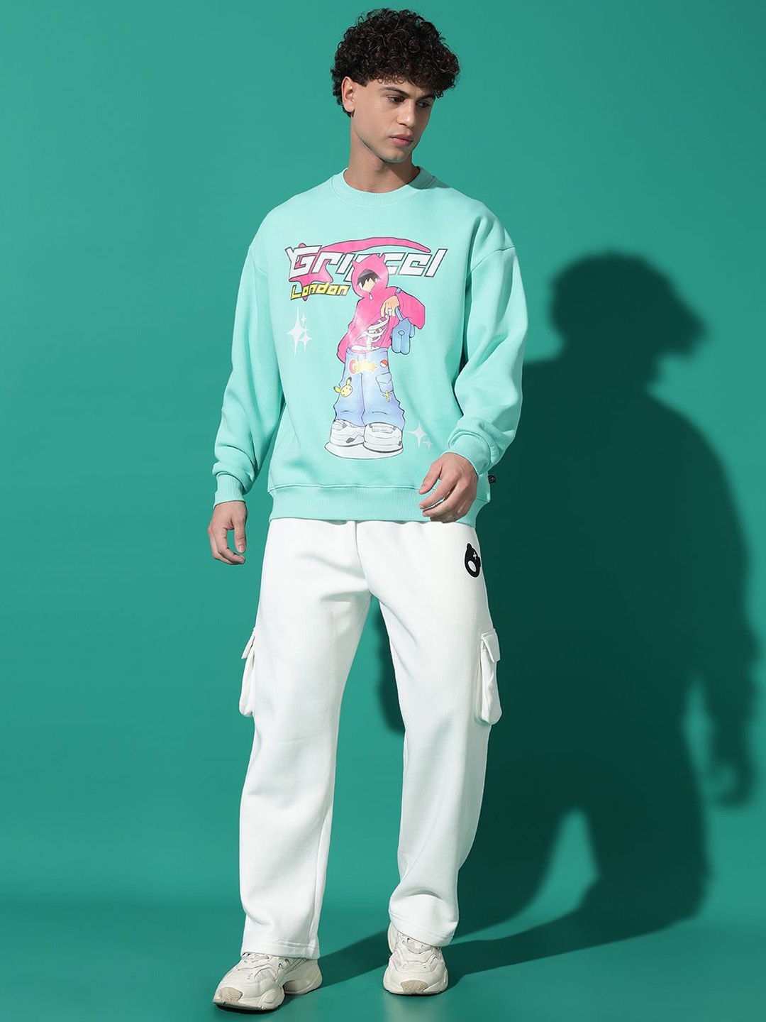 

GRIFFEL Men Graphic Printed Mid-Rise Sweatshirt with Track Pants, Sea green