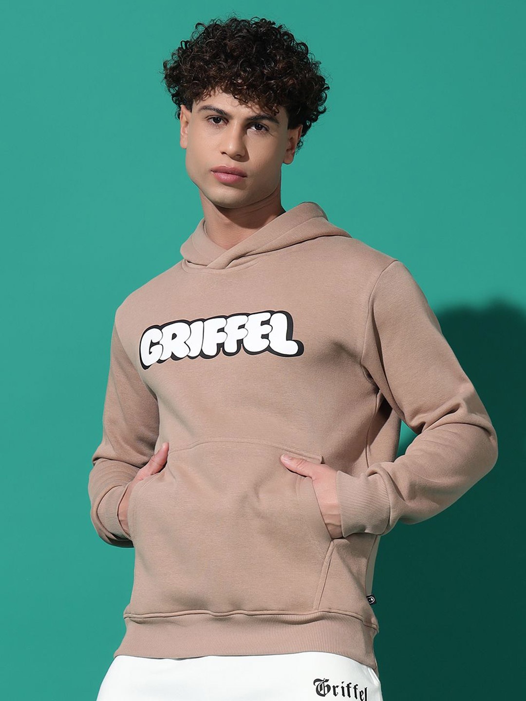 

GRIFFEL Men Hooded Typography Printed Sweatshirt, Coffee brown