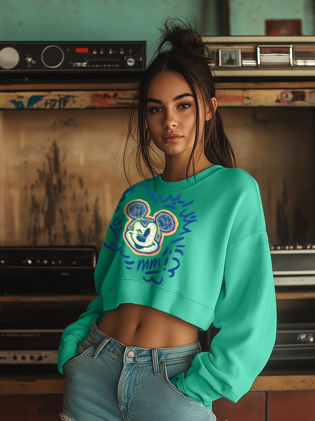 

JUNEBERRY Disney Mickey Mouse Printed Cropped Sweatshirt, Green