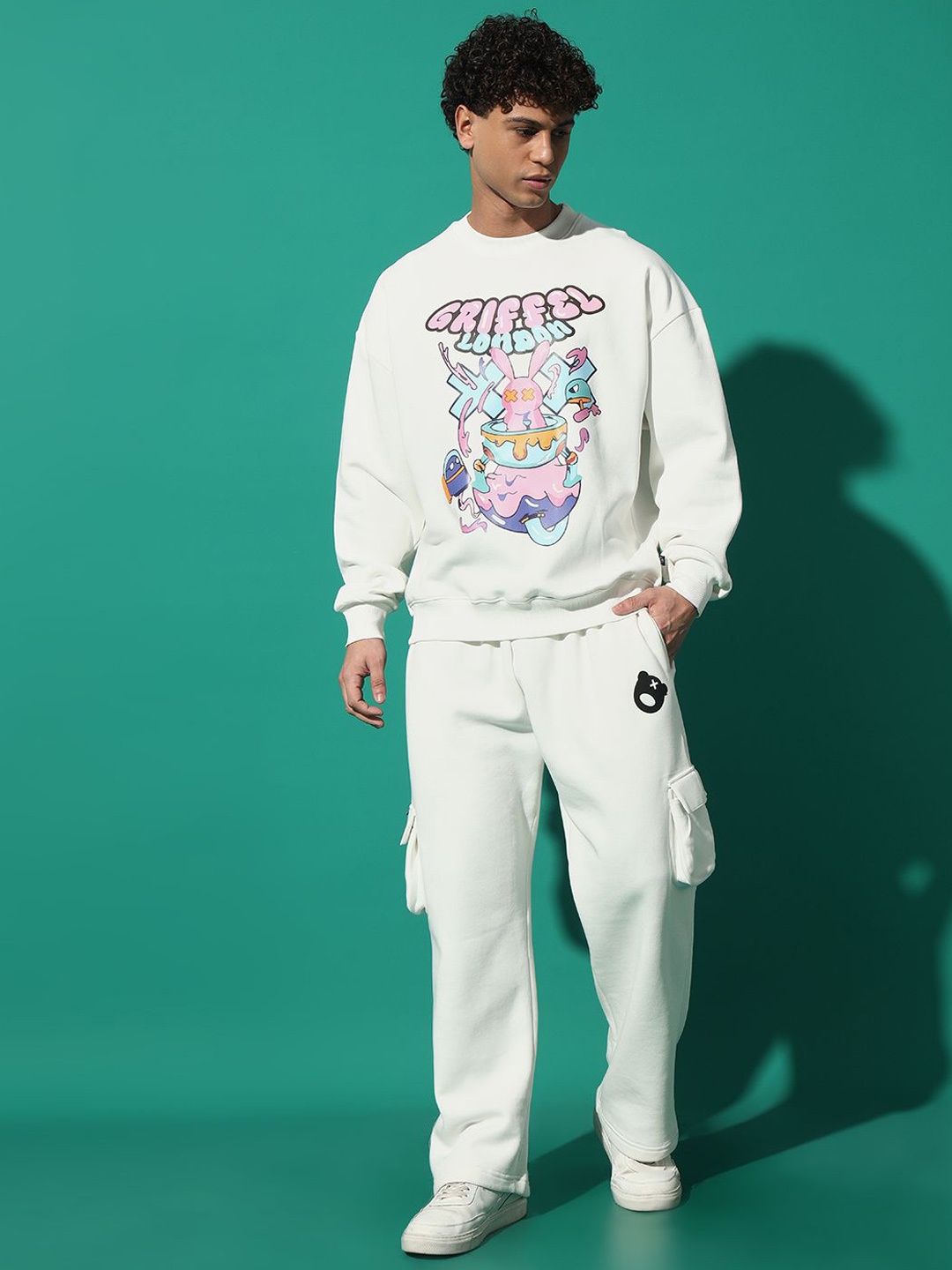 

GRIFFEL Men Round Neck Sweatshirt & Trackpant, White