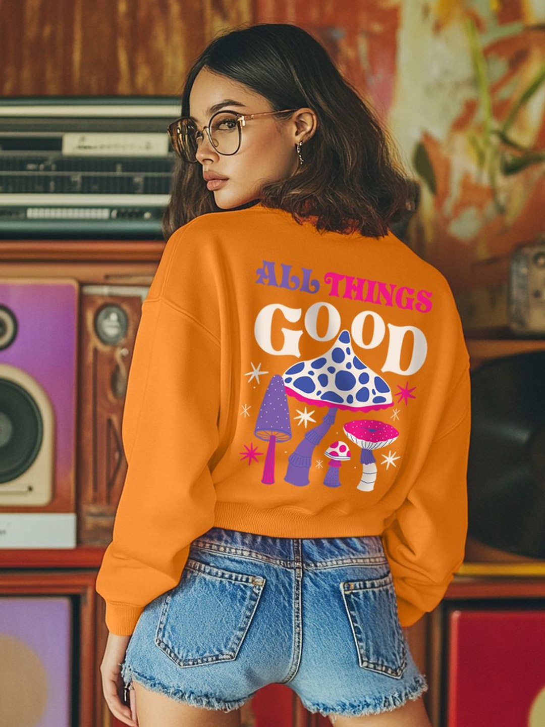 

JUNEBERRY Women Printed Cropped Hooded Sweatshirt, Orange