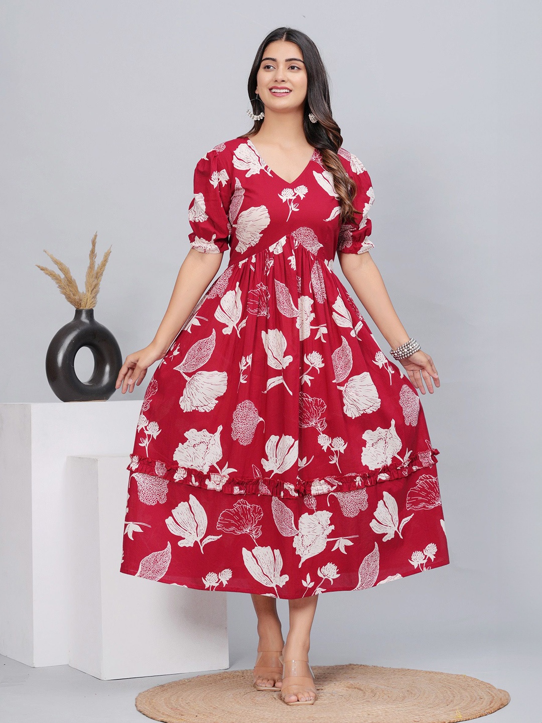 

DAMMODE Women Floral Printed Cotton Fit & Flare Dress, Red