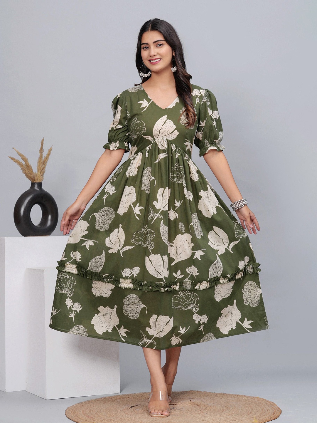 

DAMMODE Women Floral Printed Cotton Fit & Flare Midi Dress, Olive