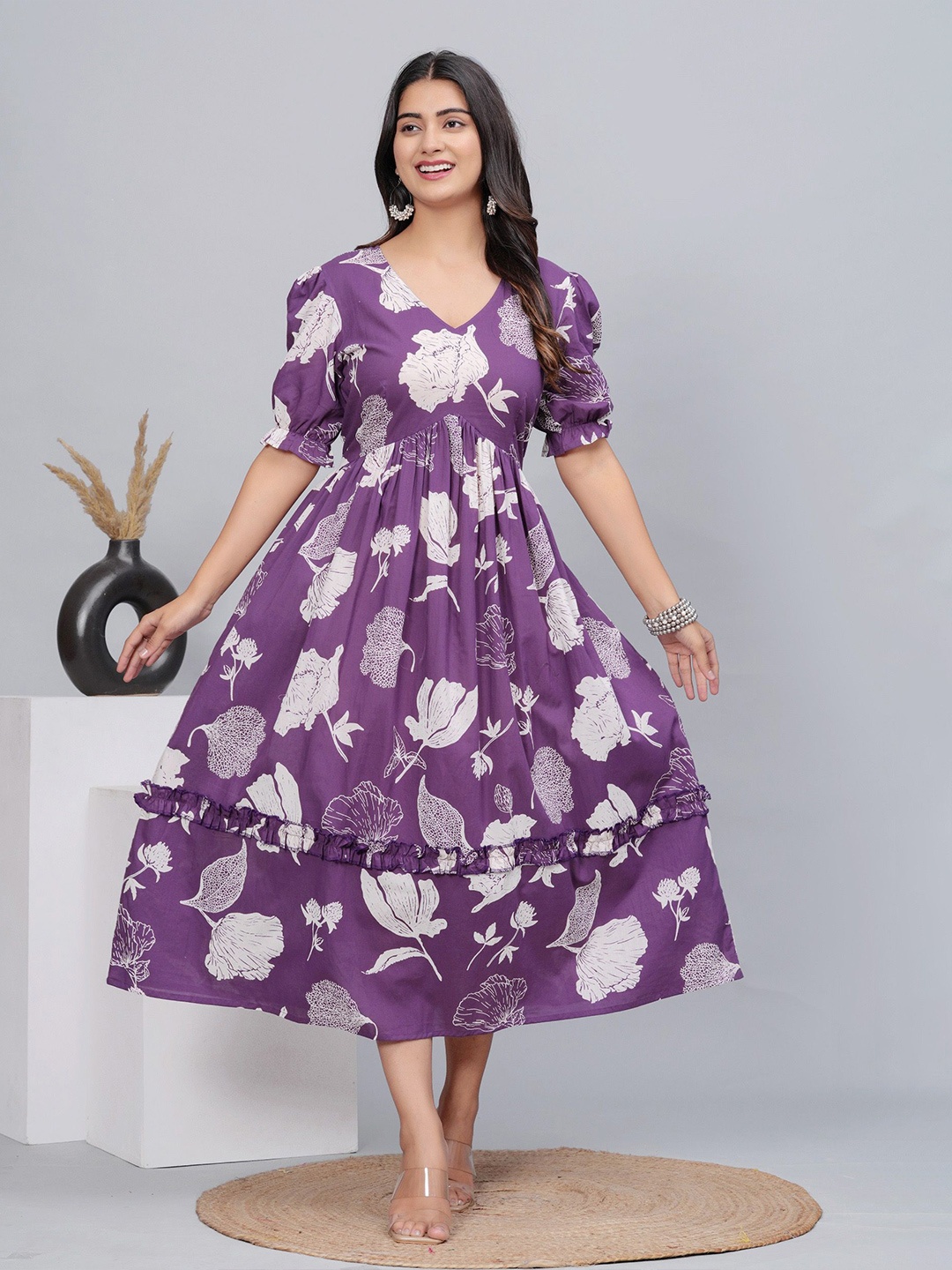 

DAMMODE Women Floral Printed Puff Sleeves Empire Dress, Purple