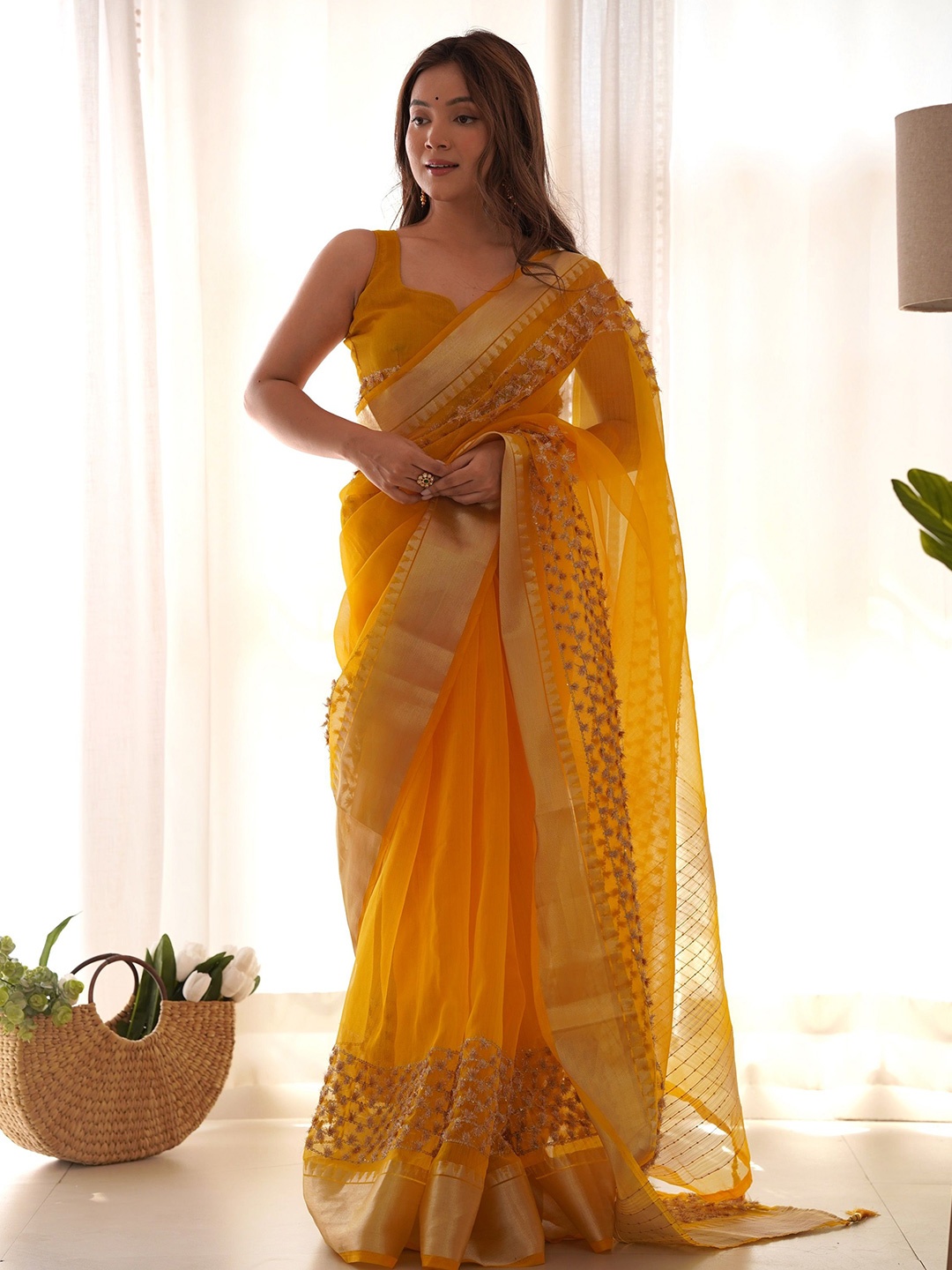 

Ethnic Yard Woven Design Zari Embroidered Chanderi Saree, Yellow