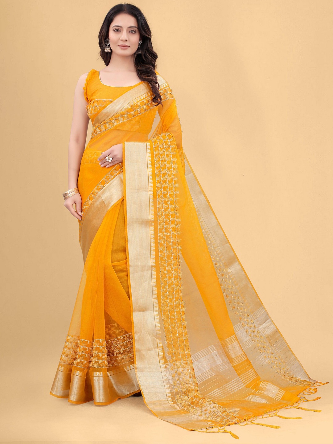 

Ethnic Yard Woven Design Zari Organza Chanderi Saree, Yellow