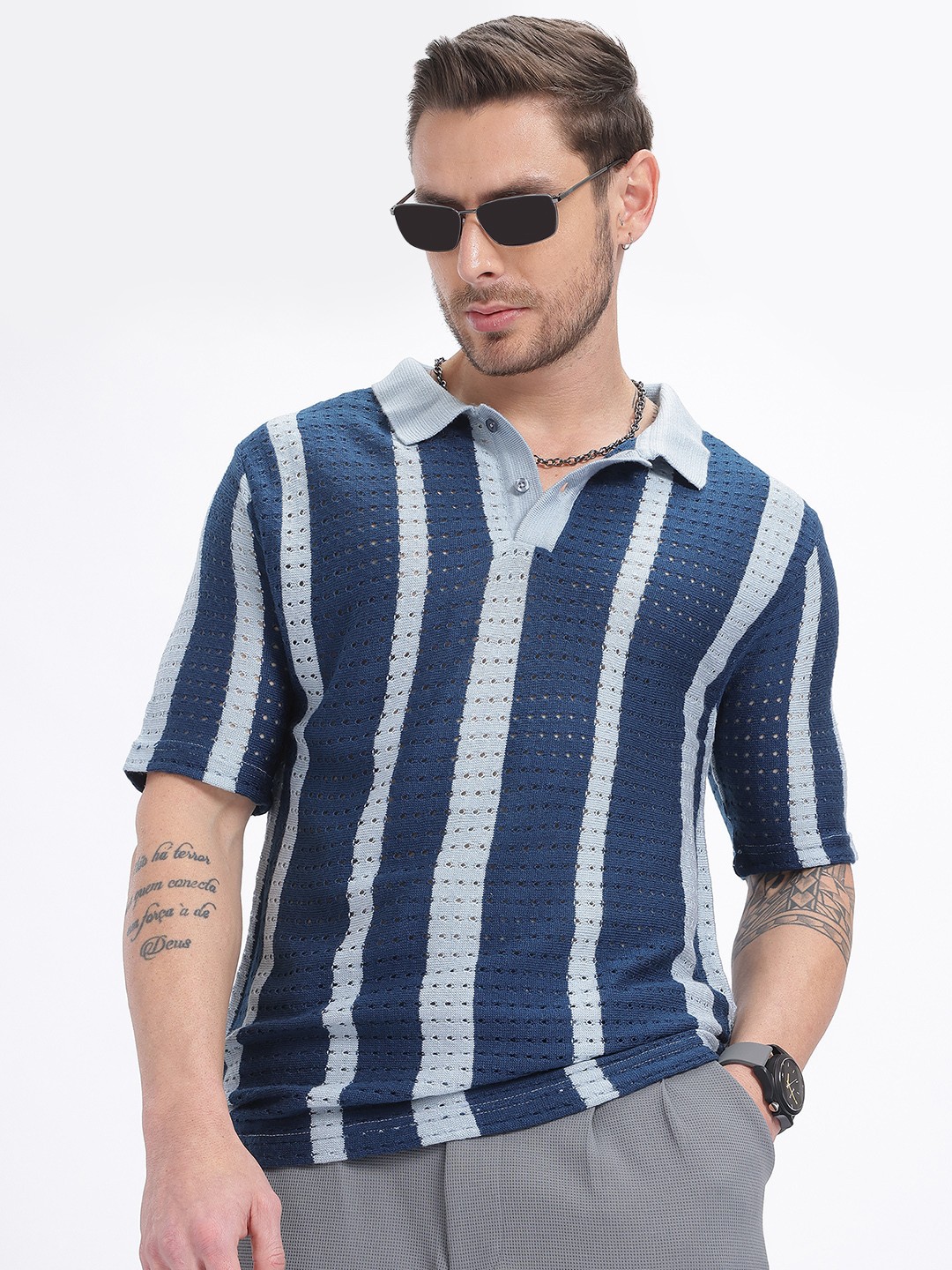 

glitchez Breezy Threads Acrylic Striped T-shirt, Blue