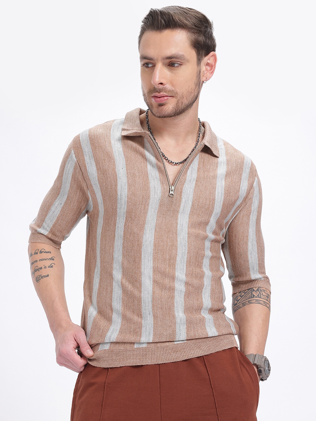 

glitchez Vivid Self Striped Acrylic T-shirt, Beige