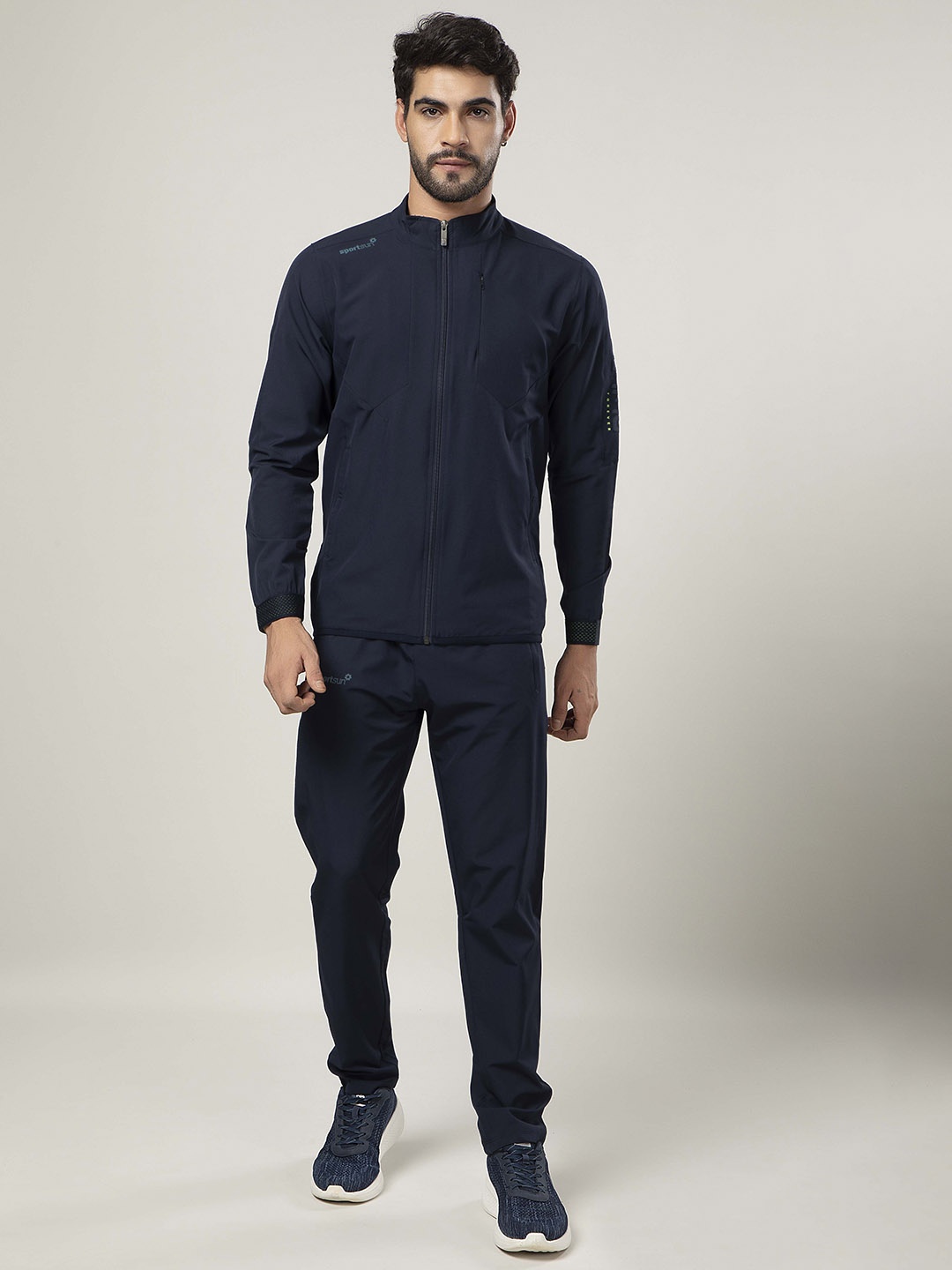 

SPORT SUN Men Mock Collar Running Track Suit, Navy blue