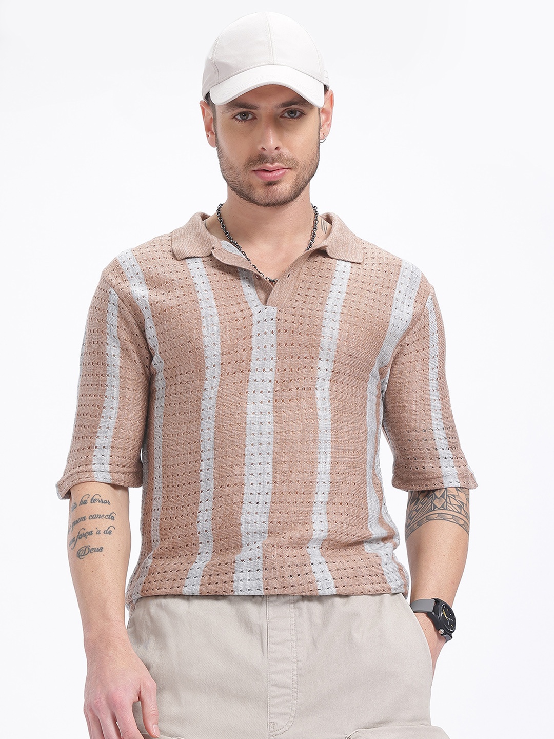 

glitchez Open Knit Stich Acrylic Striped T-shirt, Beige