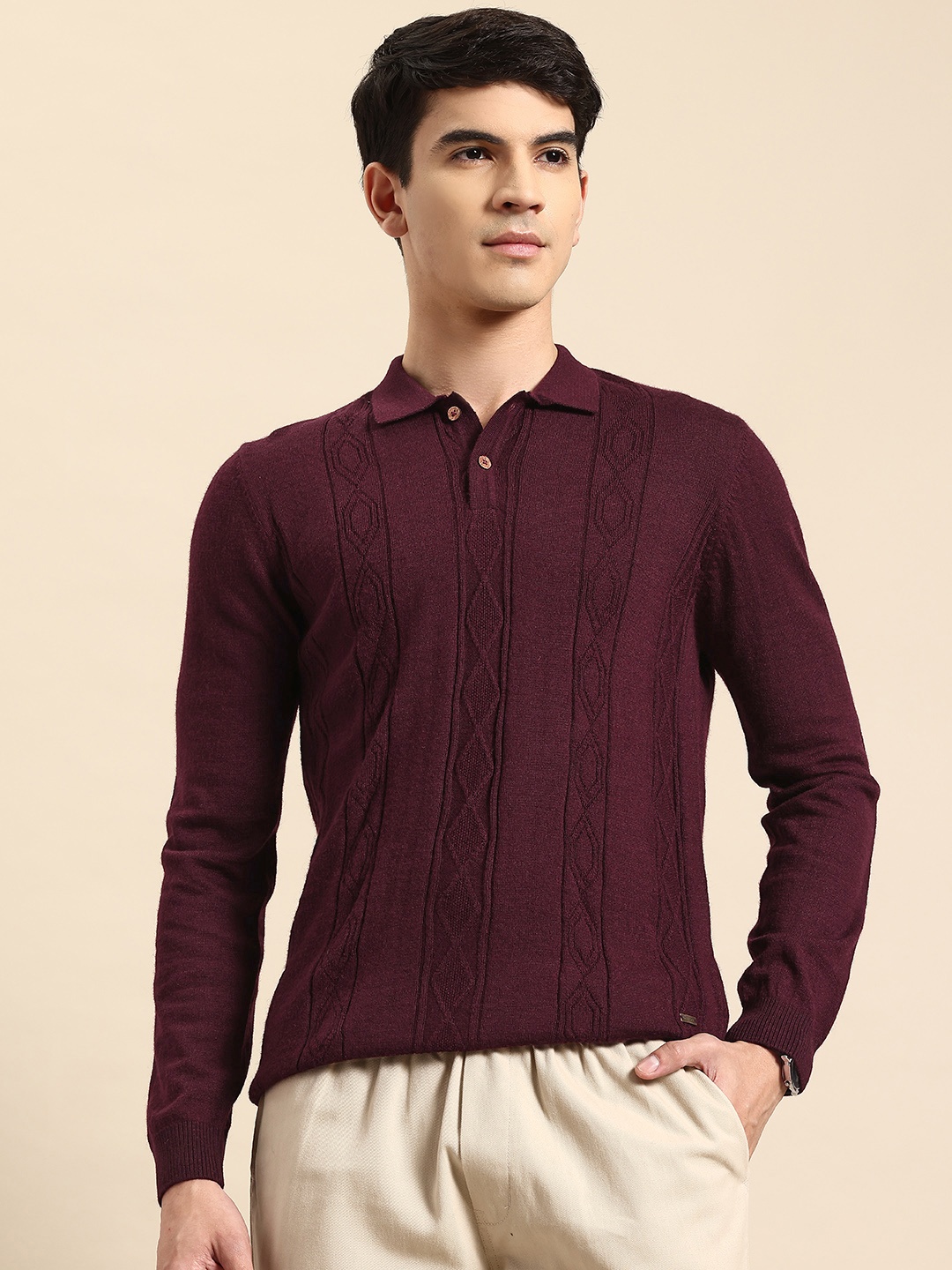 

ARMISTO Men Polo Collar Woollen T-shirt, Burgundy