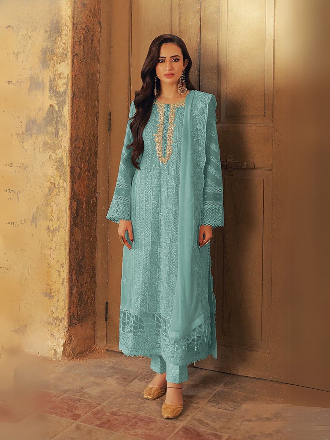 

ODETTE Floral Embroidered Georgette Semi-Stitched Dress Material, Blue