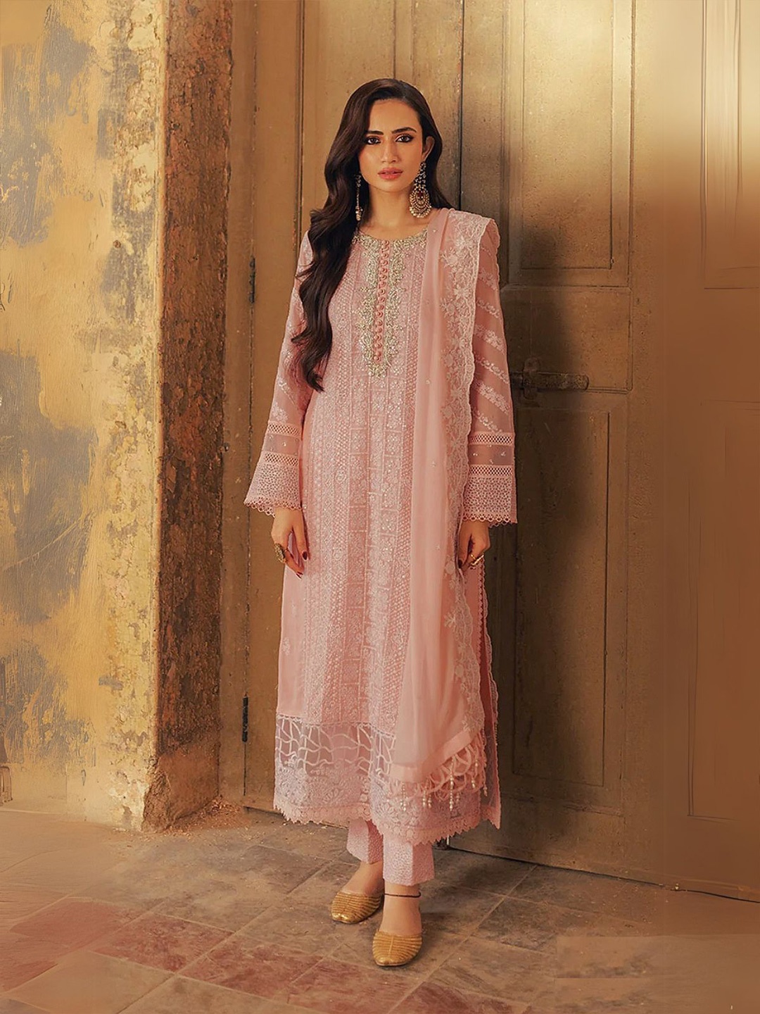 ODETTE Floral Embroidered Georgette Semi-Stitched Dress Material, Peach