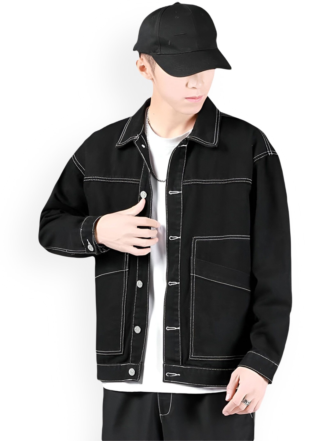 

THIRD QUADRANT Men Striped without Denim Jacket with Embroidered, Black
