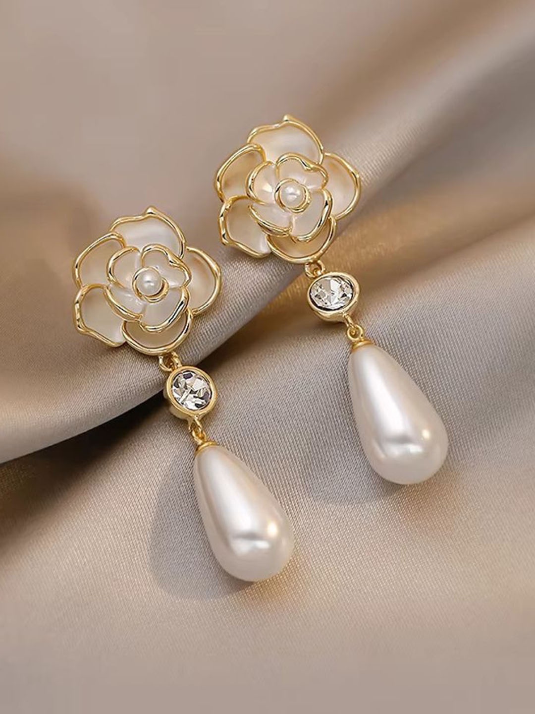 

Palli Creation Gold Plated Pearls Studded Floral Shaed Drop Earrings, White