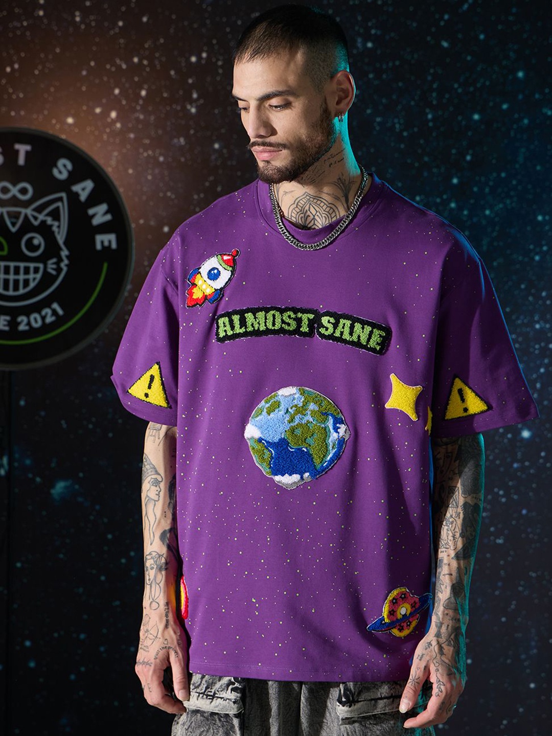

ALMOST SANE Unisex Typography Printed Round Neck Cotton Oversized T-shirt, Purple