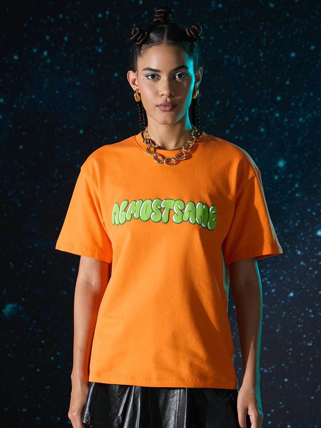 

ALMOST SANE Unisex Printed Applique T-shirt, Orange