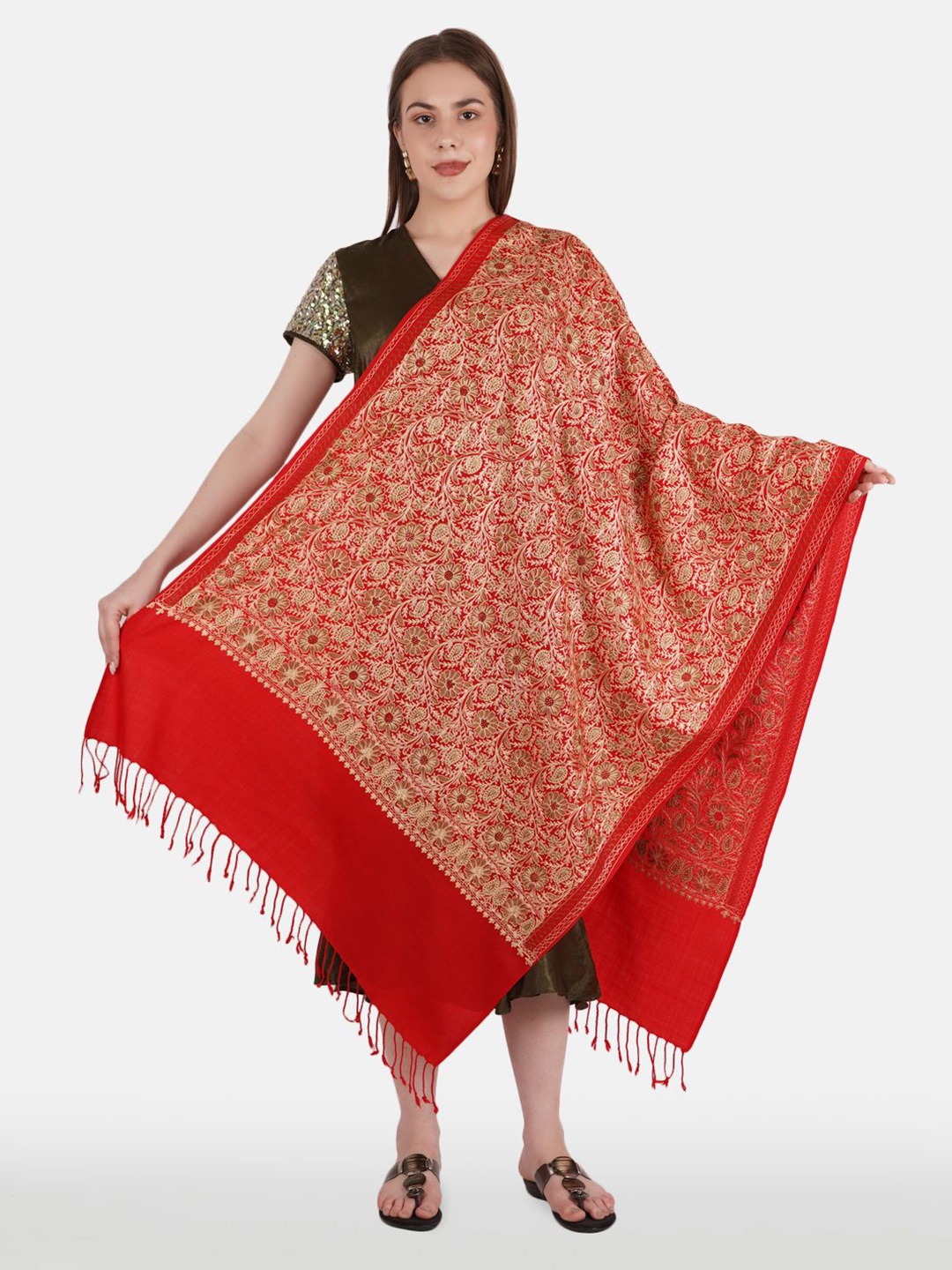 

MUFFLY Women Embroidered Fringed Shawl, Red