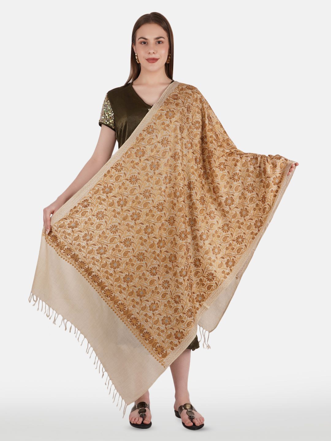 

MUFFLY Women Embroidered Stole With Tasselled Border, Beige