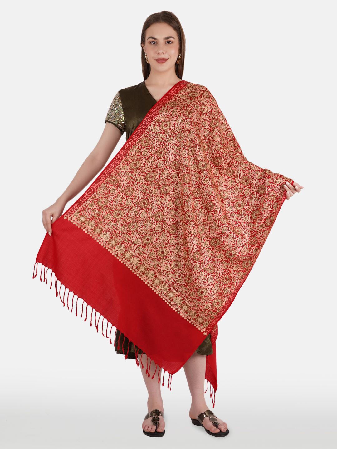 

MUFFLY Floral Embroidered Thread Work Silk Pashmina Woolen Shawl, Maroon