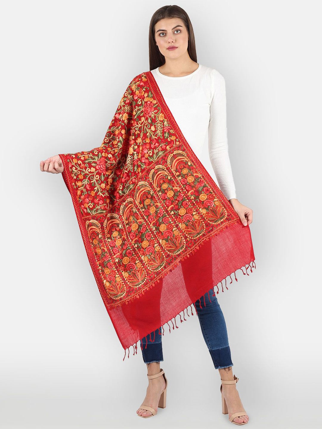 

MUFFLY Floral Embroidered Aari Work Silk Pashmina Woolen Shawl, Red