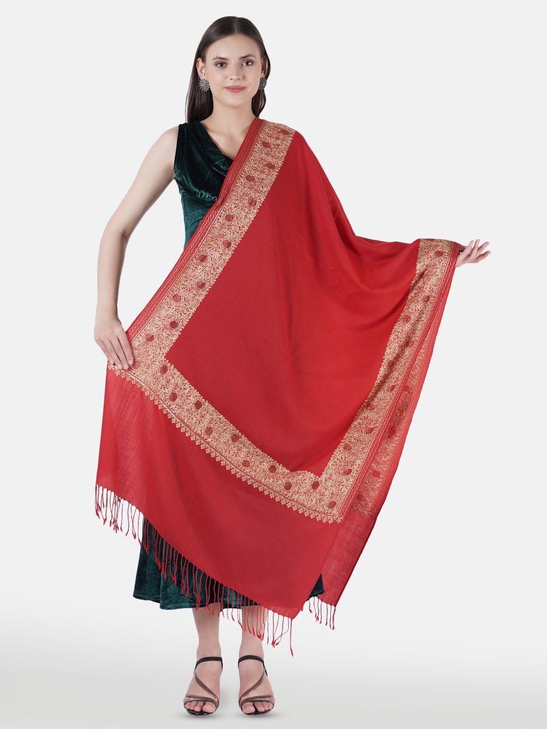 

MUFFLY Women Embroidered Woollen Stole, Red