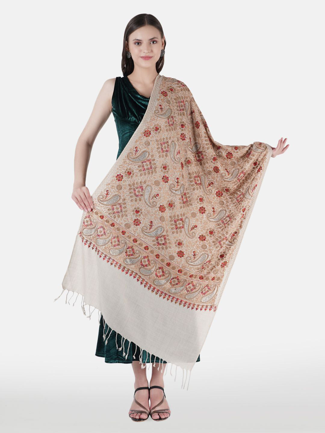 

MUFFLY Women Floral Embroidered Stole, Cream