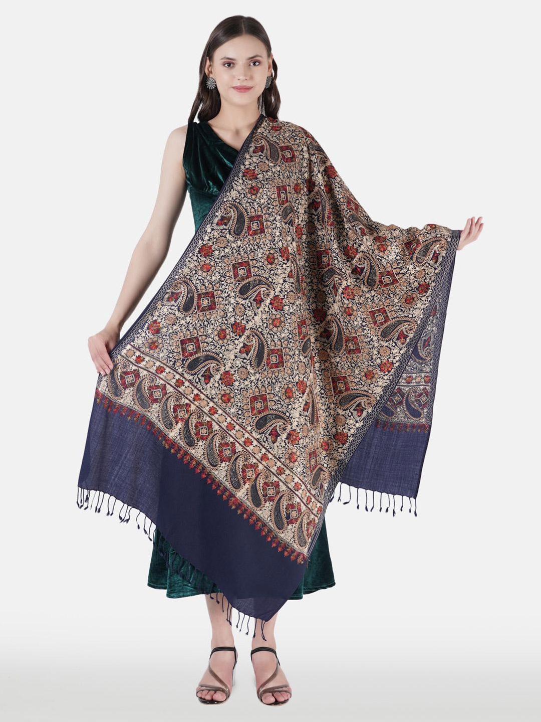 MUFFLY Women Floral Embroidered Stole, Navy blue