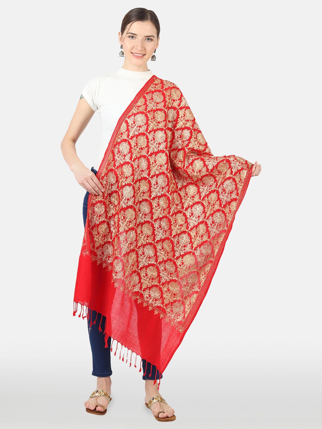 

MUFFLY Ethnic Motifs Embroidered Zari Work Silk Pashmina Woolen Shawl, Red