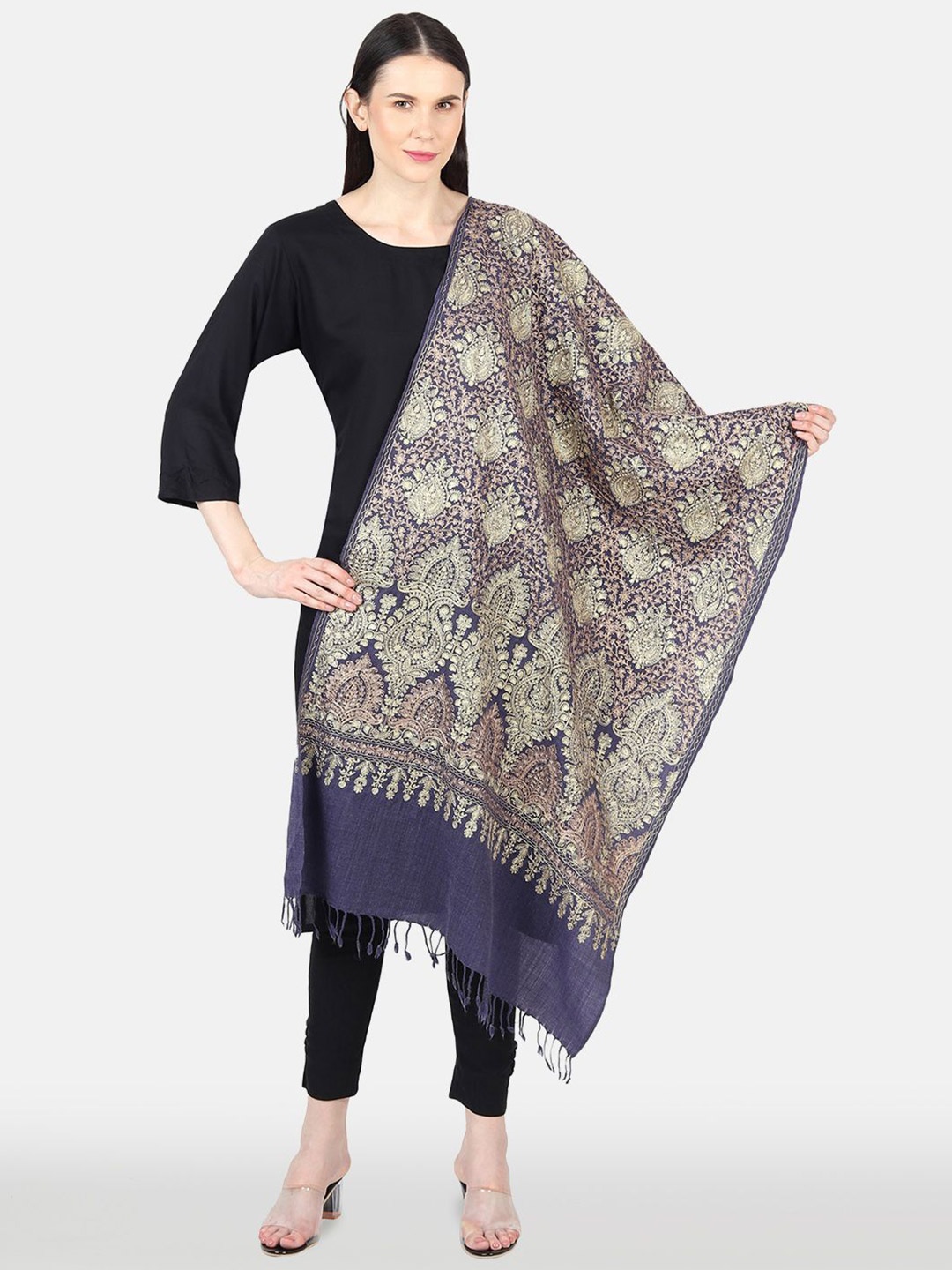 

MUFFLY Women Embroidered Fringed Shawl, Blue