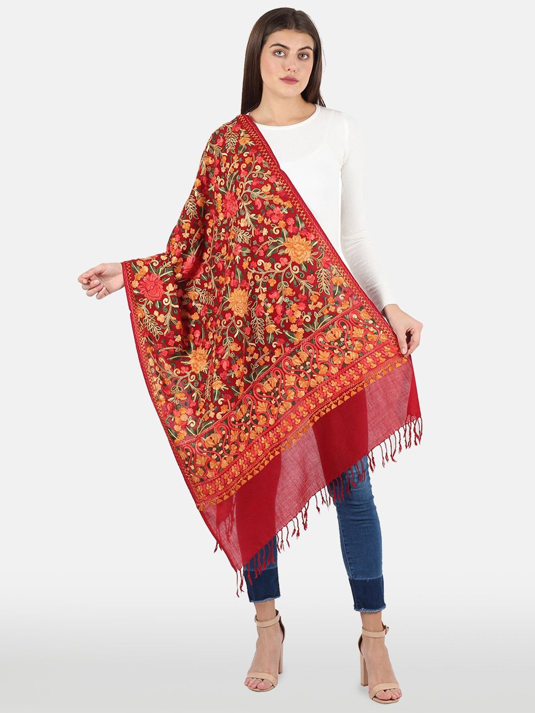 

MUFFLY Women Aari Embroidered Woolen Shawl, Maroon