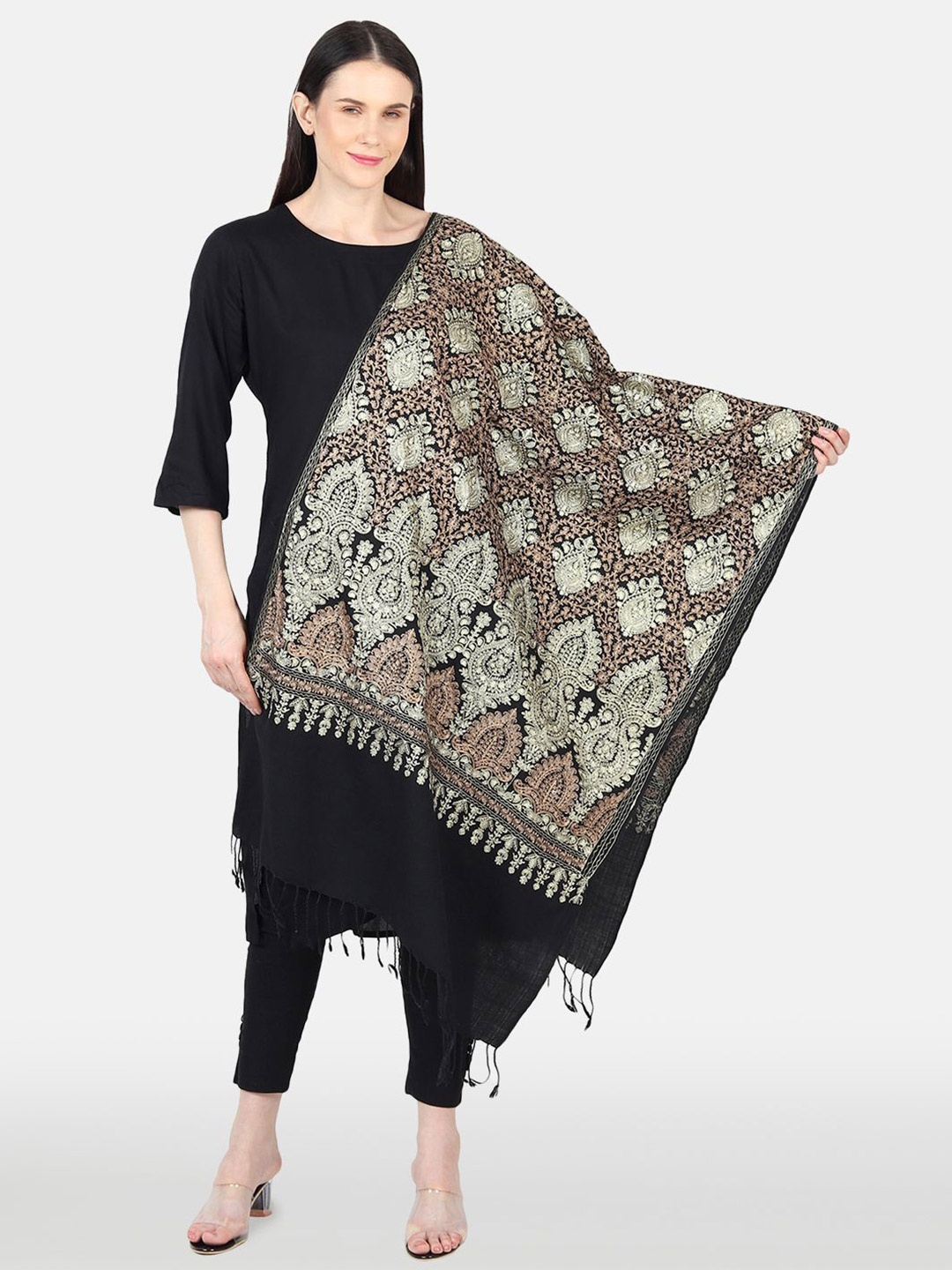 

MUFFLY EWomen Embroidered Pashmina Shawl, Black