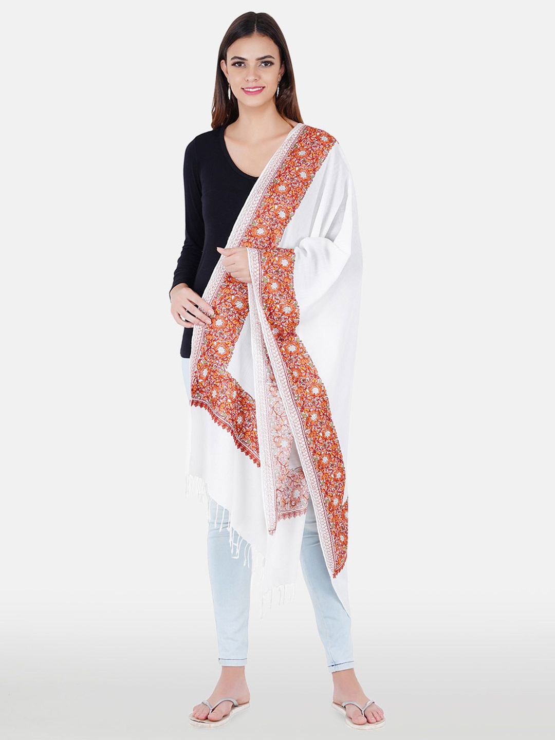 

MUFFLY Women Pashmina Embroidered Stole With Tasselled Border, White