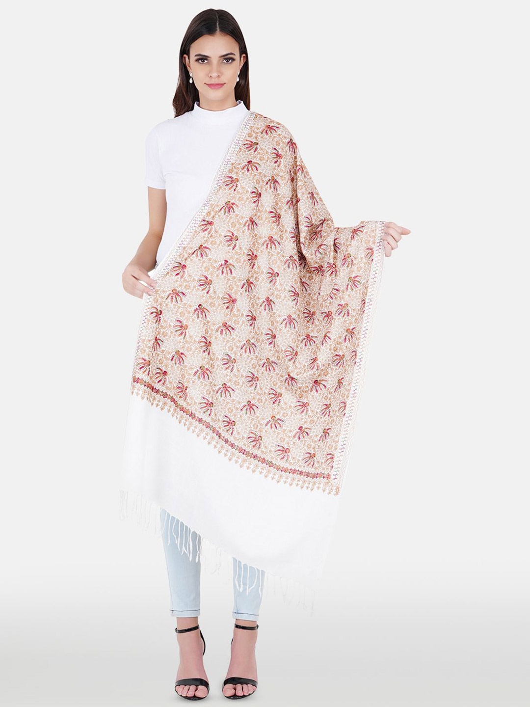 

MUFFLY Floral Embroidered Thread Work Silk Pashmina Woolen Shawl, White