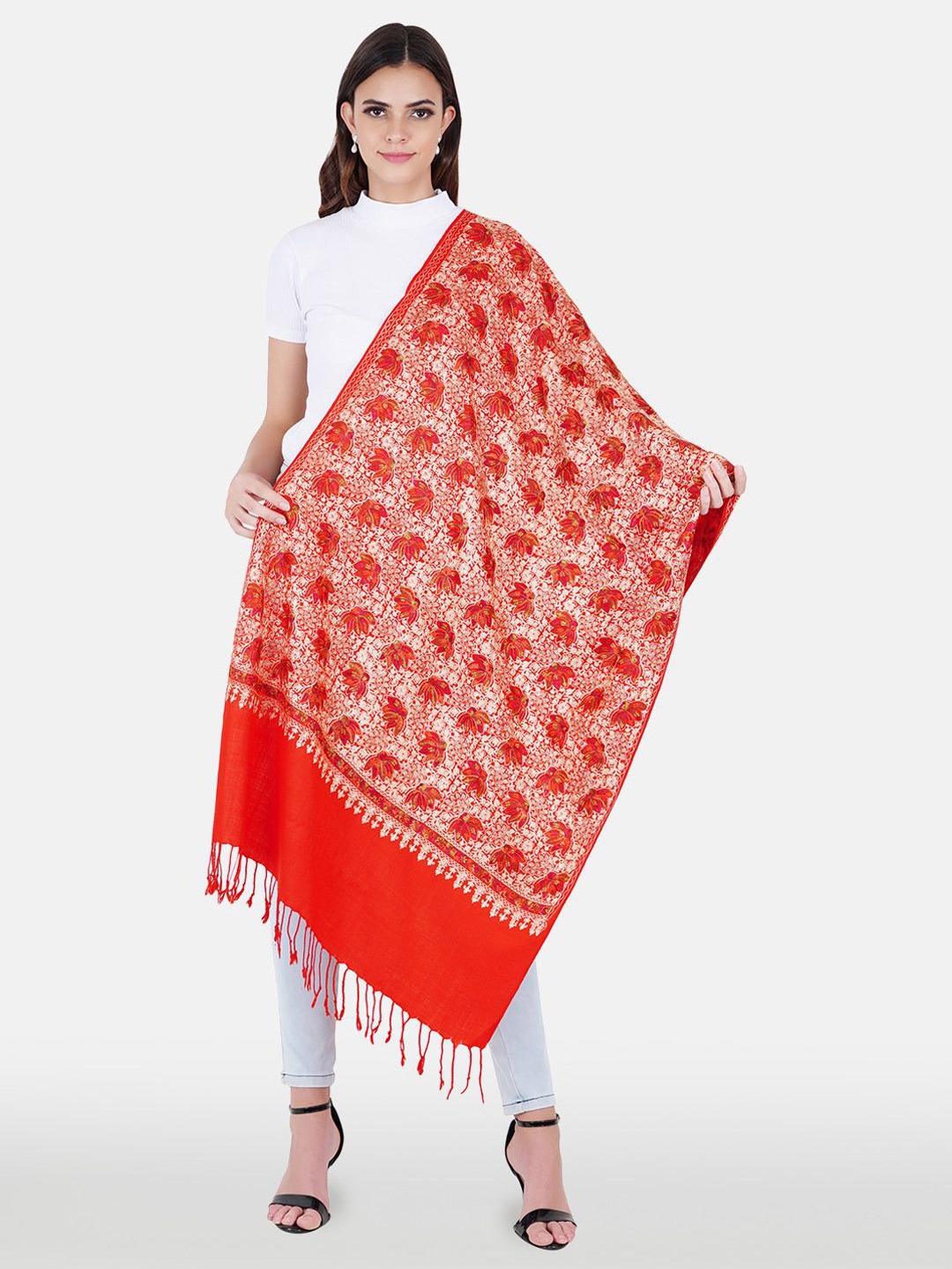 

MUFFLY Women Embroidered Stole With Tasselled Border, Red