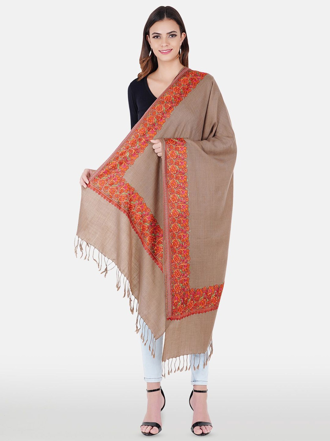 

MUFFLY Ethnic Motifs Embroidered Thread Work Silk Pashmina Woolen Shawl, Brown