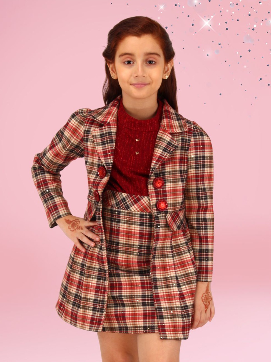 

CUTECUMBER Girls Checked Applique Two-Piece Dress, Maroon