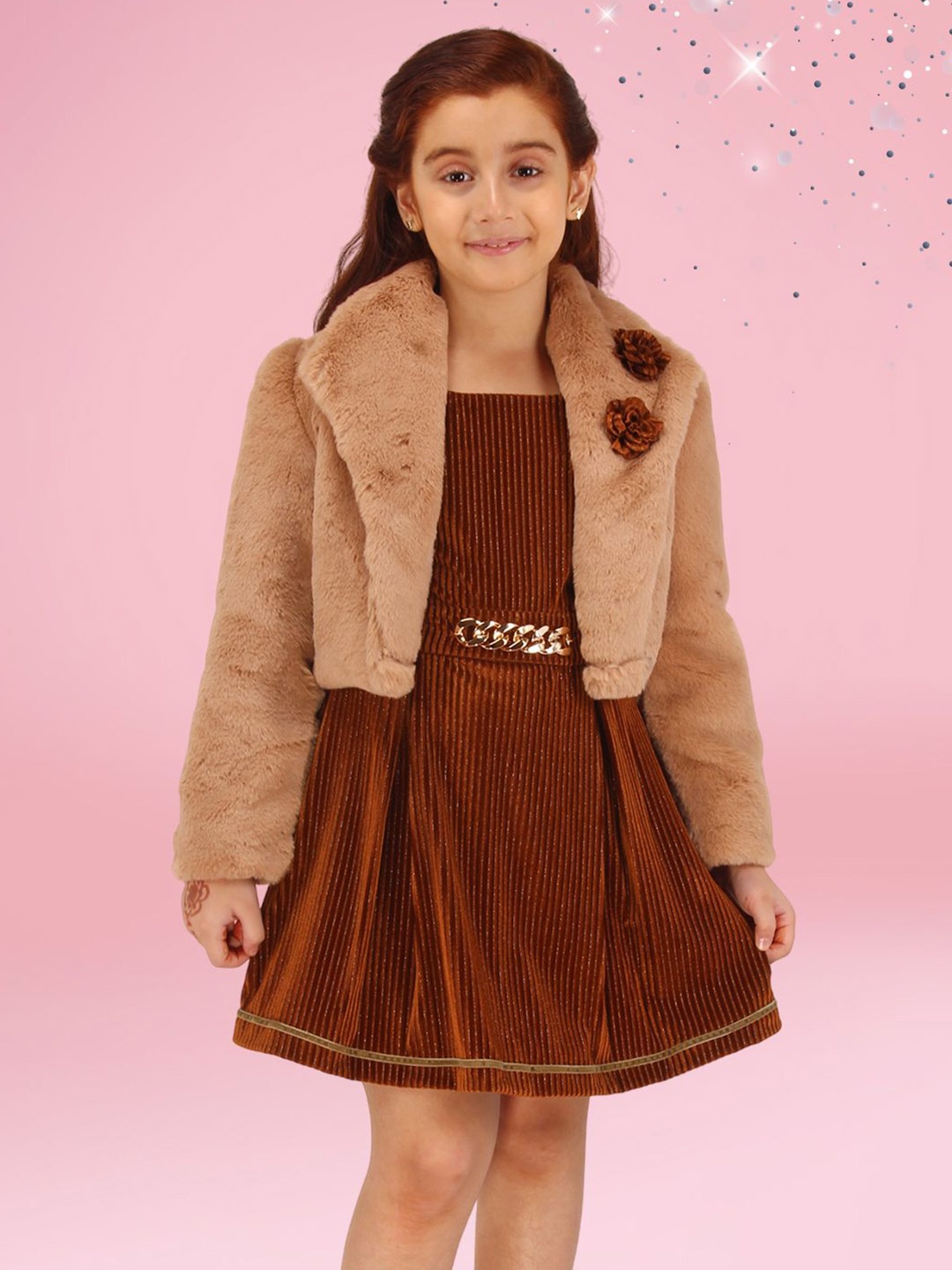 

CUTECUMBER Girls Applique A-Line Dress With Faux Fur Shrug, Brown