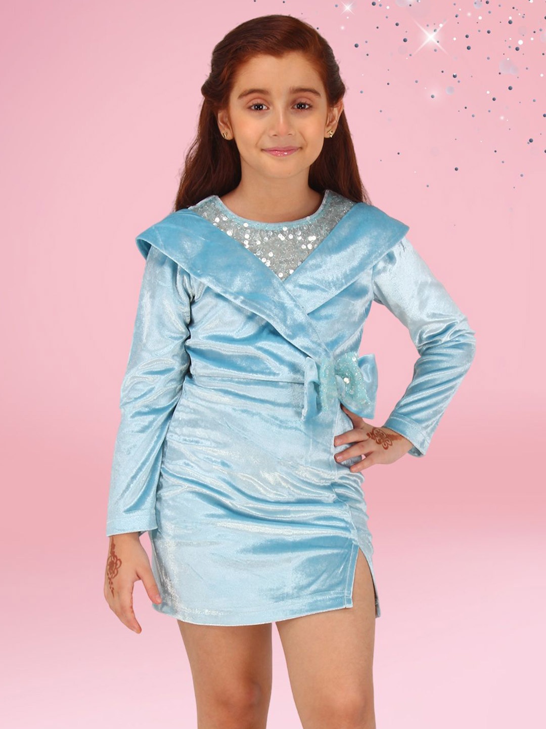 

CUTECUMBER Girls Embellished Applique Velvet Shift Dress, Blue