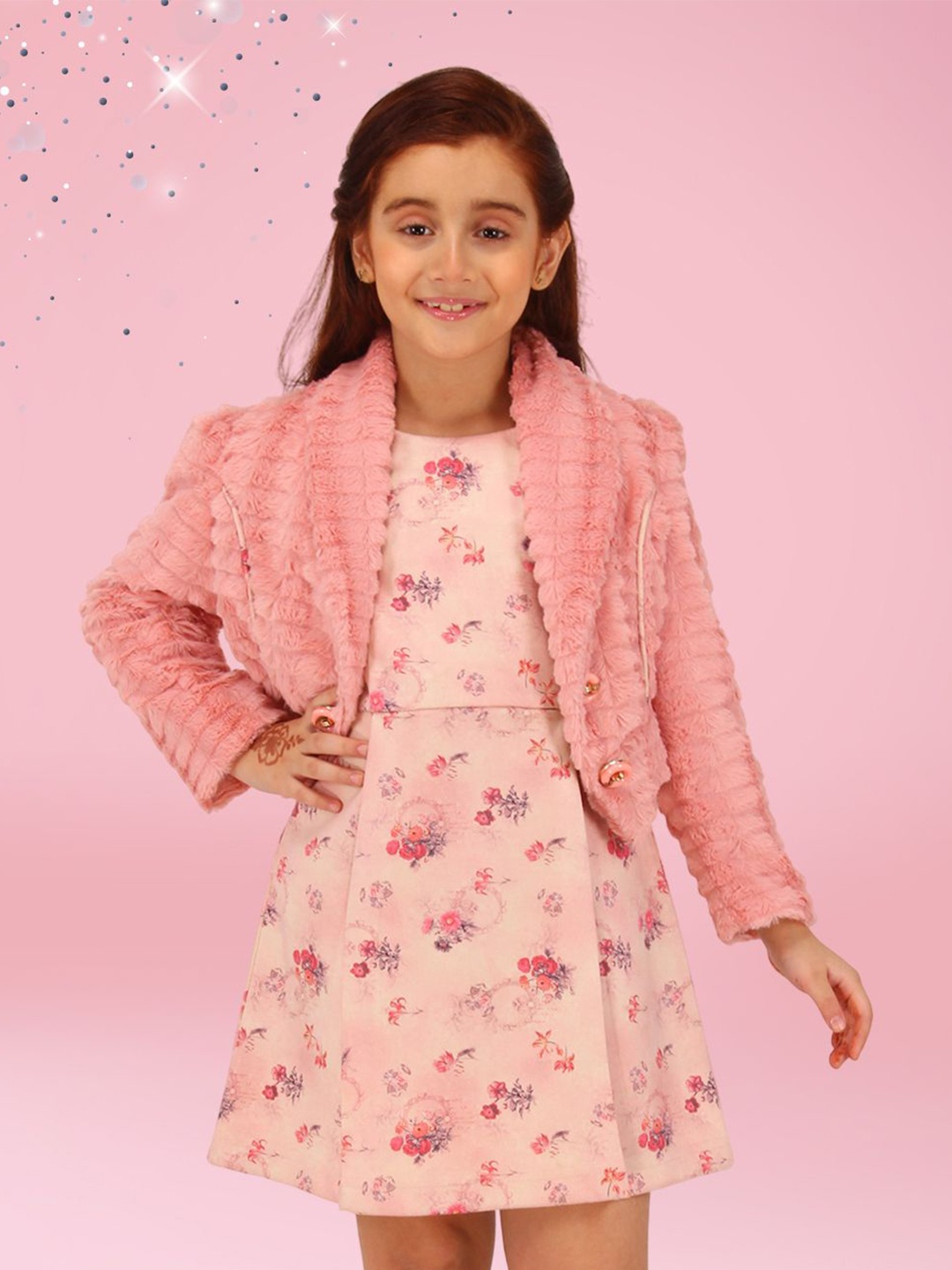 

CUTECUMBER Girls Floral Printed Applique A-Line Dress with Fur Shrug, Pink