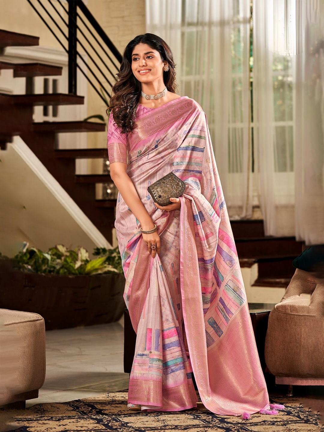 

DEVATITHI Women Soft Silk with Beautiful Water color type of Digital Print Saree, Peach