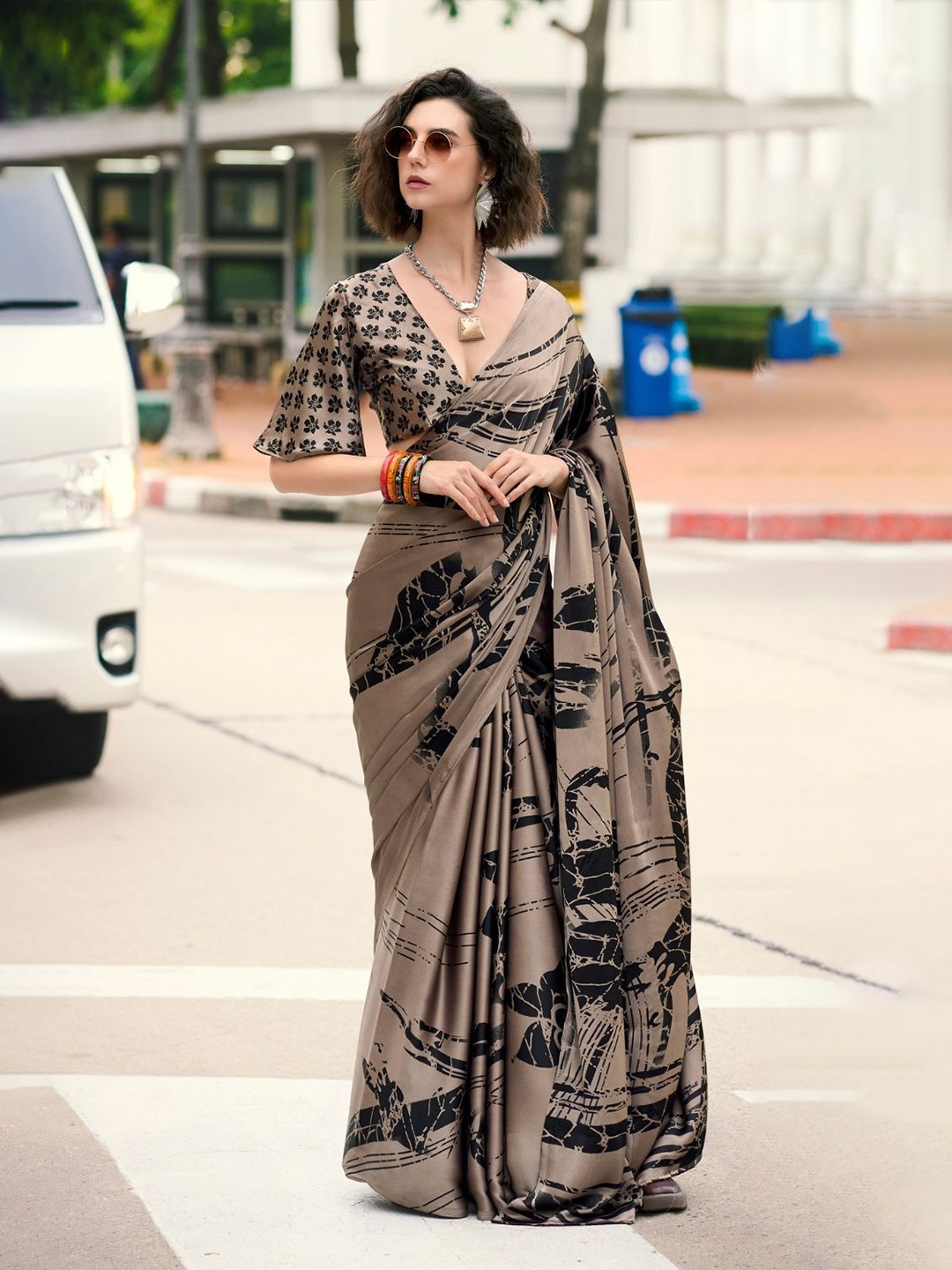 

DEVATITHI Japan Satin Saree, Brown