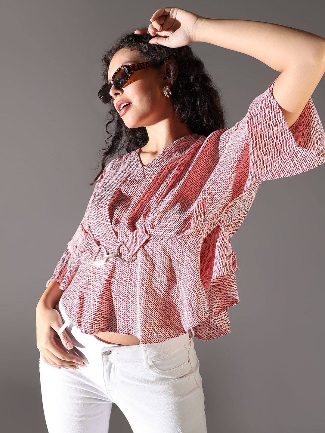 

SHOWOFF Women Geometric Print Extended Sleeves Crepe Top, Pink