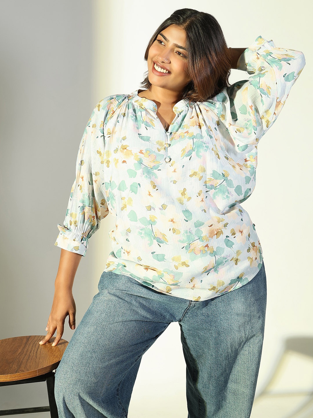 

SHOWOFF Women Plus Size Floral Printed Mandarin Collar Cotton Crepe Top, White