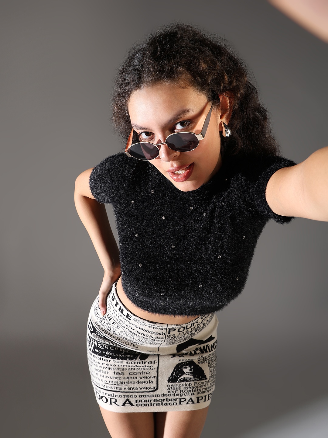

SHOWOFF Studded Knitted Crop Top, Black