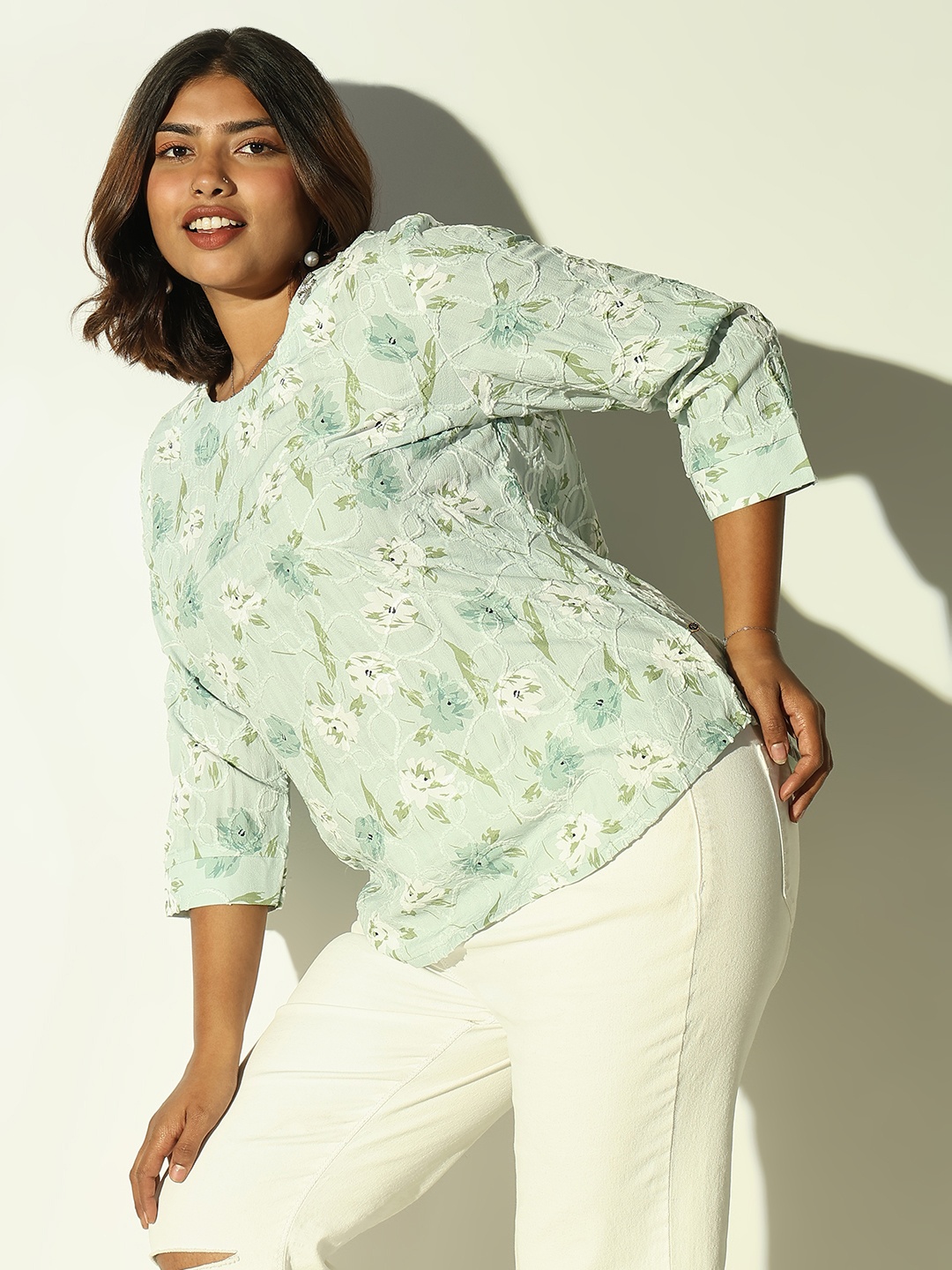 

SHOWOFF Women Floral Printed Self Design Cotton Top, Green