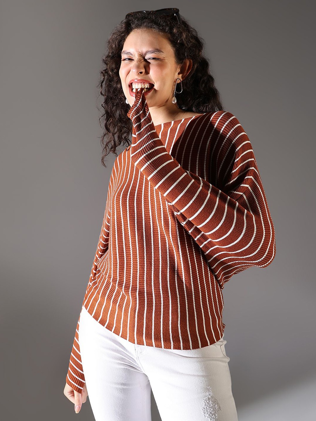 

SHOWOFF Women Striped Batwing Sleeve Regular Top, Brown