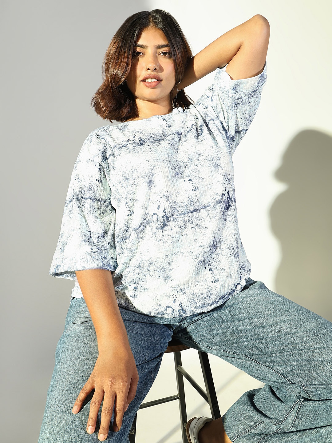 

SHOWOFF Women Abstract Printed Cotton Plus Size Regular Top, White