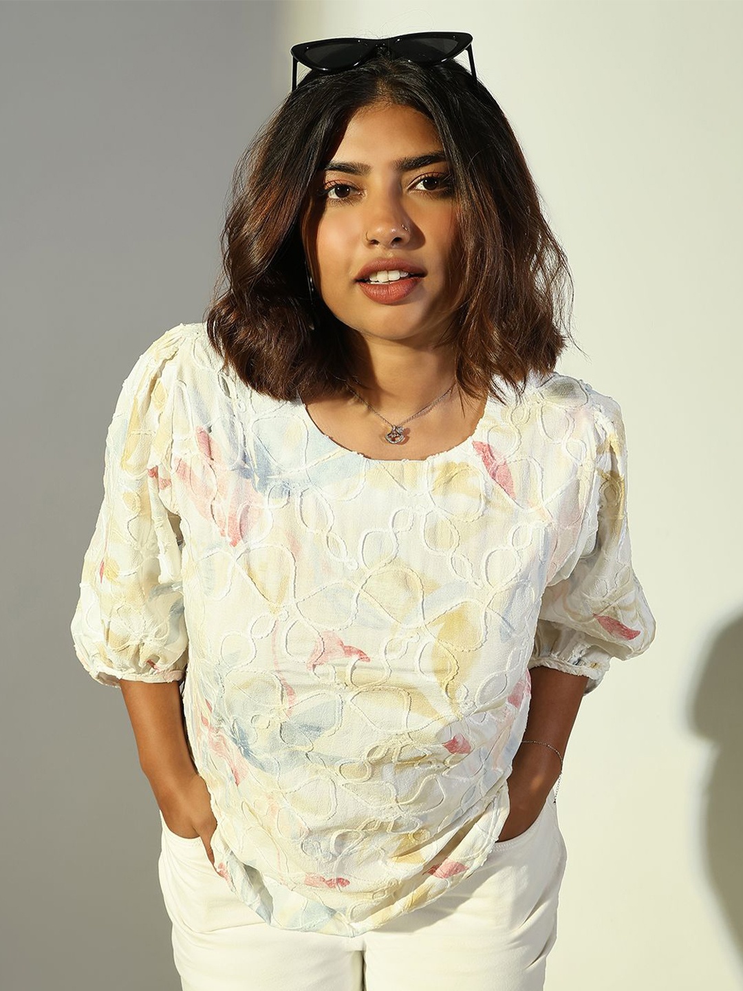 

SHOWOFF Women Floral Printed Cotton Plus Size Regular Top, White